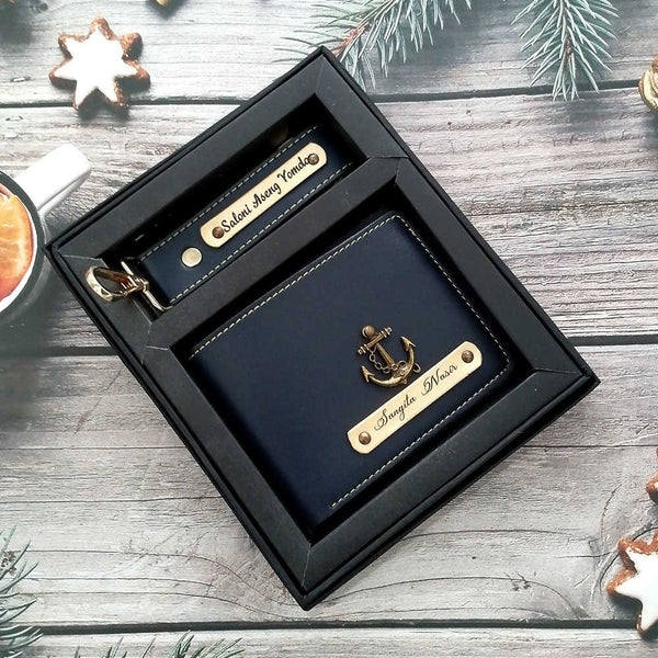 Personalised Gift Combo Men's Wallet With Charm - Navy Blue - Uncommongifts.in